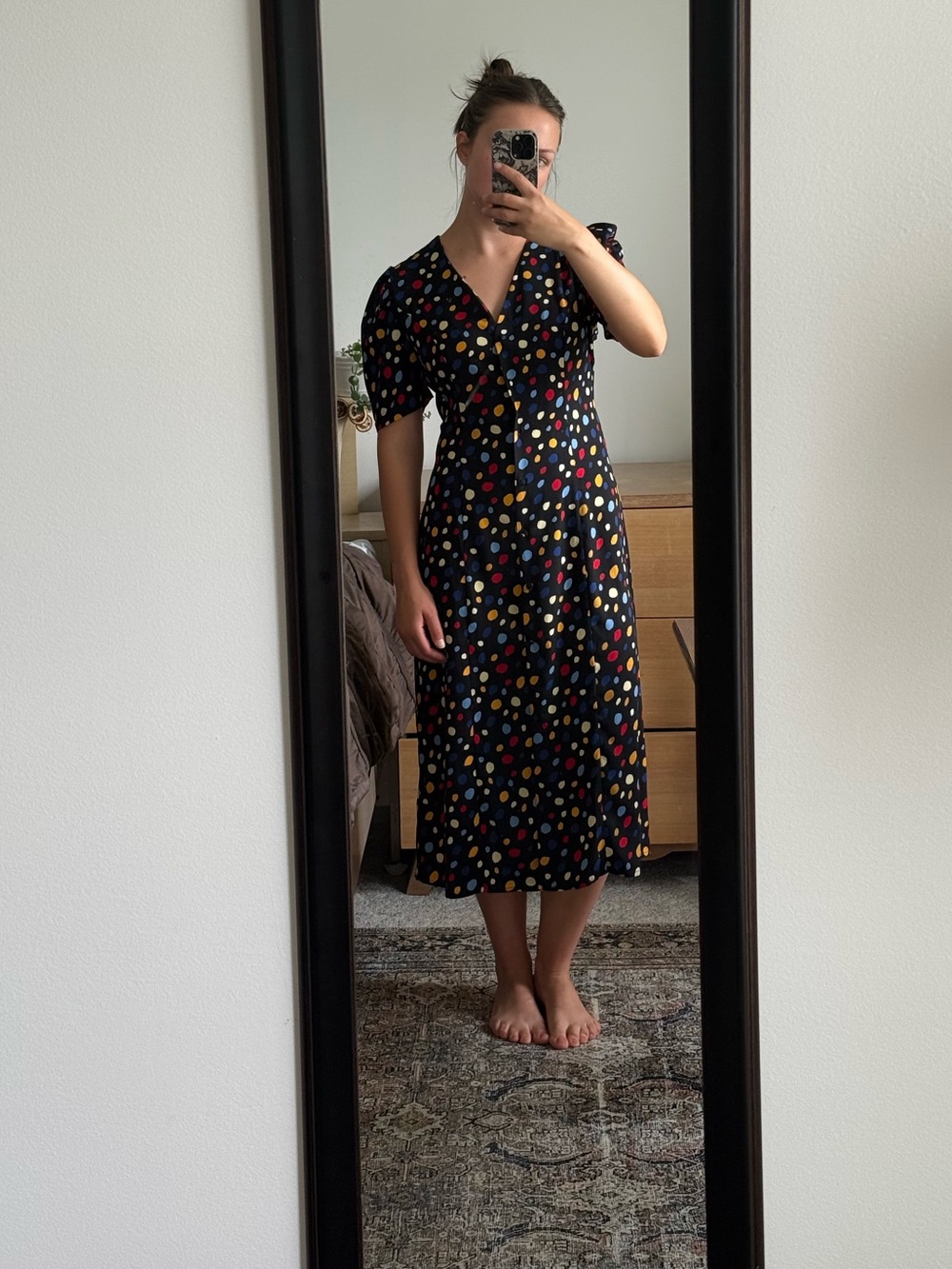 RIHOAS Black Midi Dress with Multicolor Polka Dots